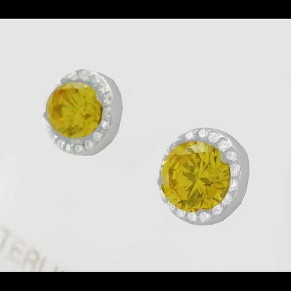 Yellow Topaz & W/Sapphires Stud Earrings .925 Silver - NWT